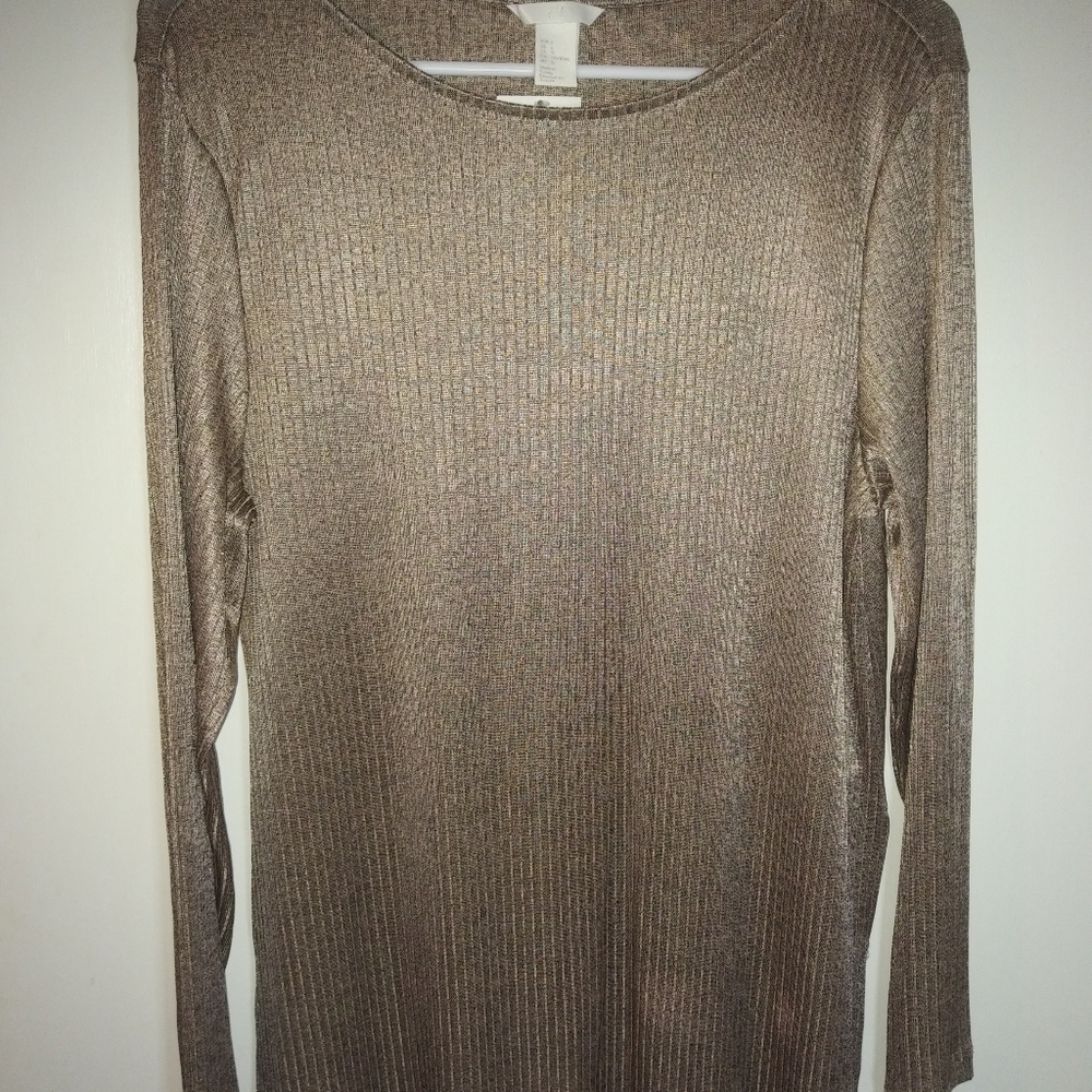 H and M size L tan, shiney ribbed L/S top